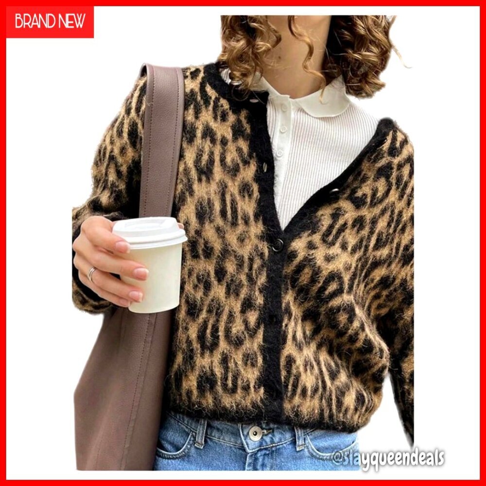 Leopard Print Cardigan Sweater Button Down Long Sleeve Fuzzy Knit Outerwear